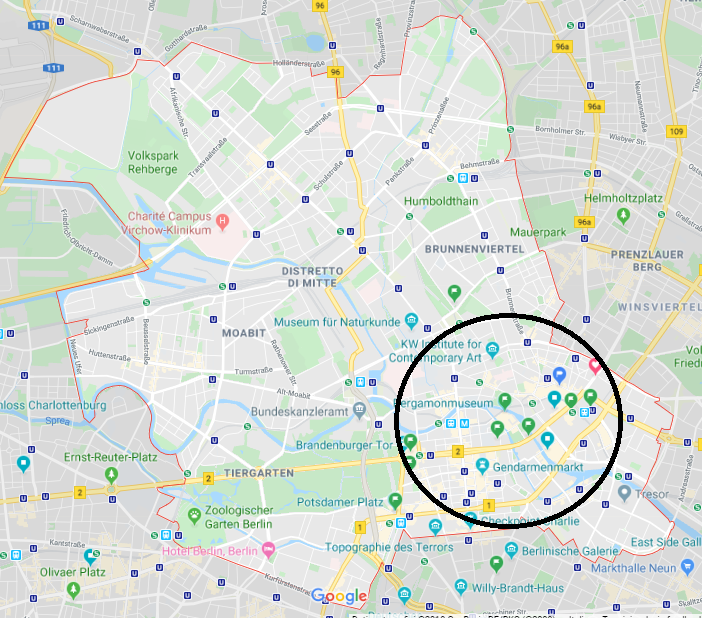 Dove dormire a Berlino
Zona Mitte evidenziata su Google, il cerchio indica la parte della zona con maggiori attrazioni turistiche